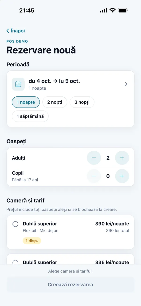 A new reservation in DelivCore Hotel: the dates, the guests and the free rooms with the price per night
