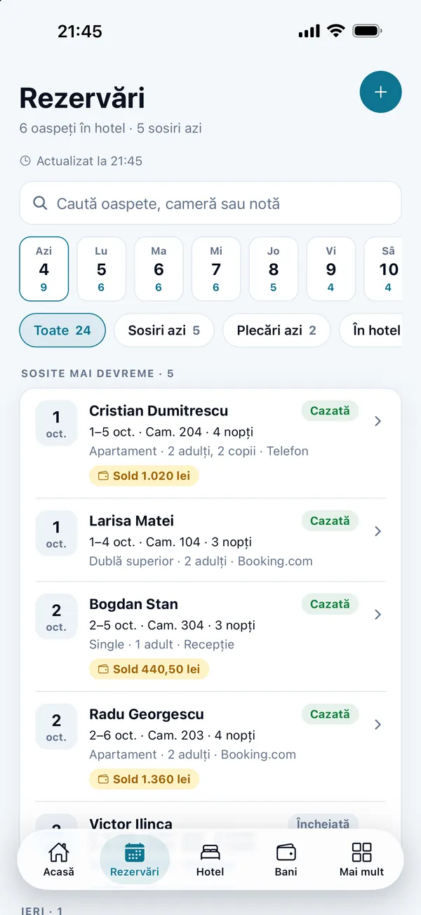 The reservation list in DelivCore Hotel, with the coming days, search and filters