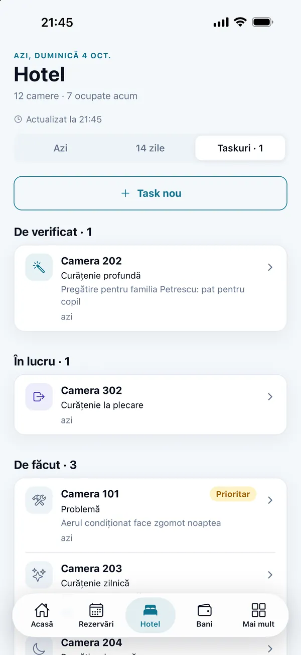Housekeeping tasks in DelivCore Hotel, grouped: to check, in progress and to do