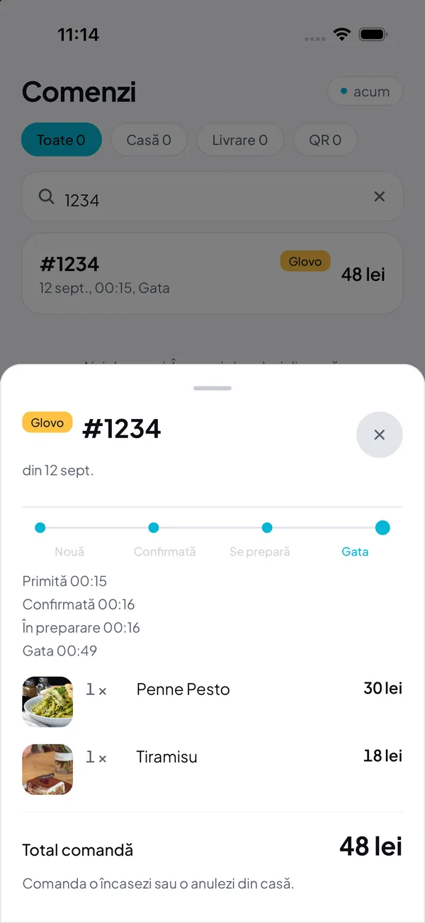 A Glovo order in DelivCore Manager: the items, the steps and the time of each one