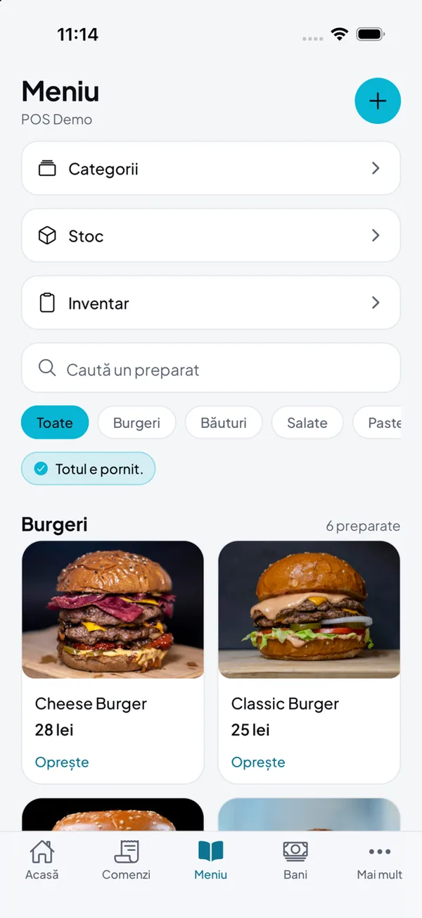 The menu in DelivCore Manager: categories, stock, inventory counts and dishes with photos