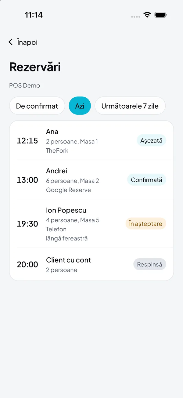 Today's reservations in DelivCore Manager, with the time, party size, table and status of each one