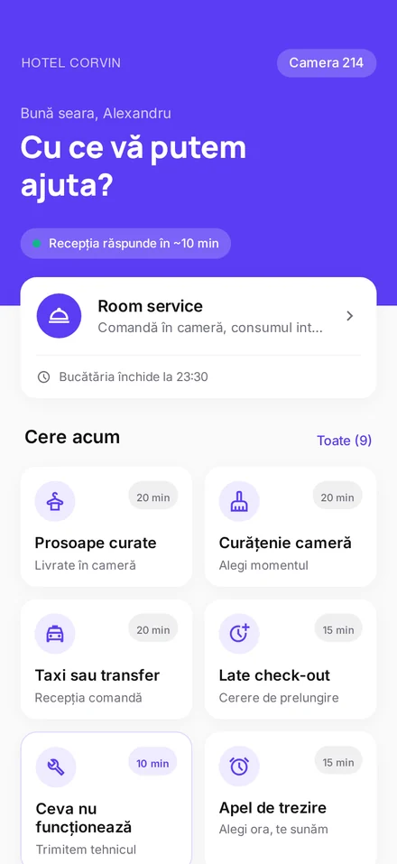 Concierge on a guest phone, Bandă theme: a band in the property colour over white service cards
