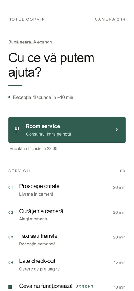 Concierge on a guest phone, Foaie theme: paper background, numbered service index separated by thin rules