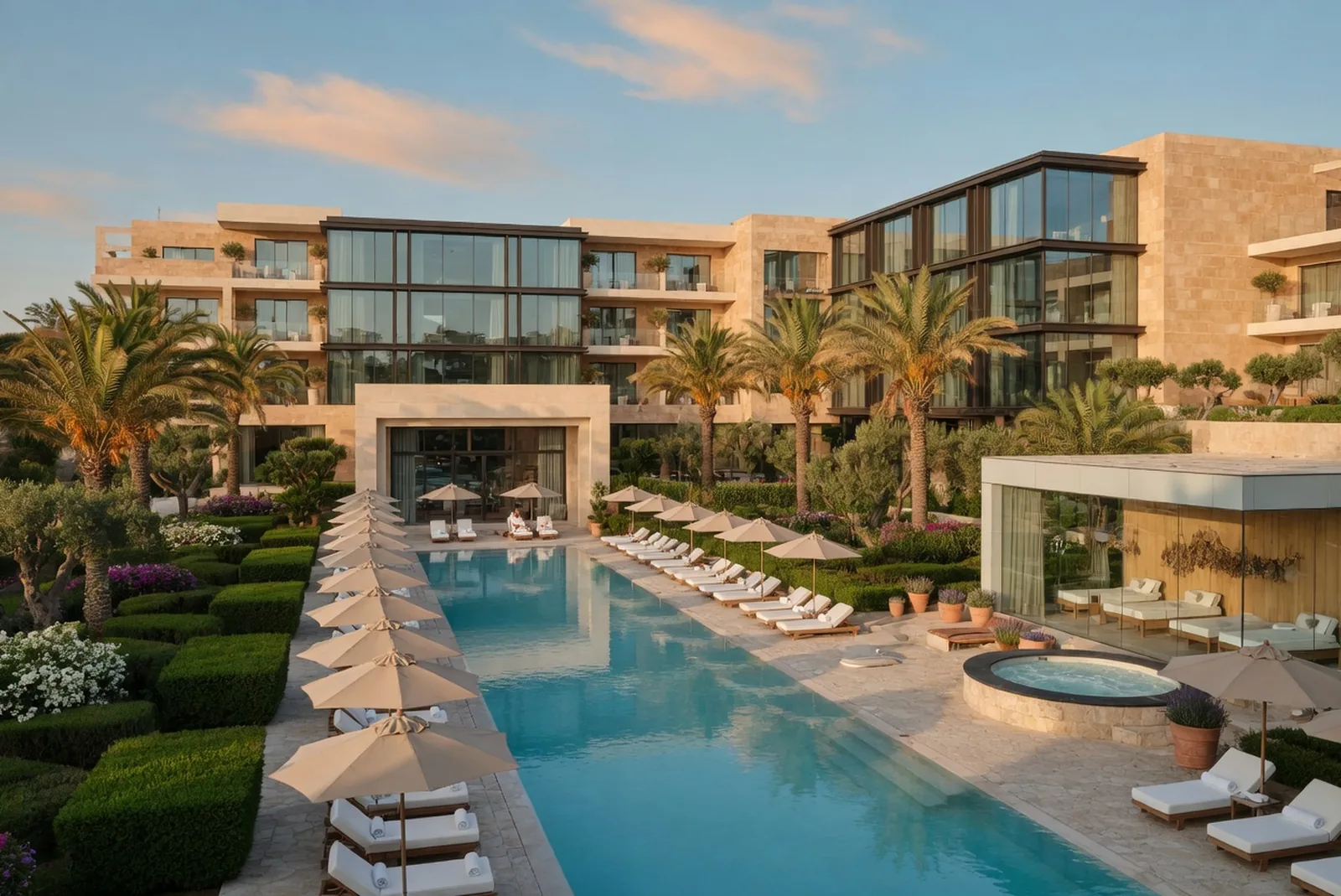 Large hotel with a long pool, spa pavilion and sun loungers
