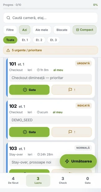 Housekeeping app showing rooms in progress with done and problem buttons
