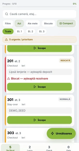 Housekeeping app task list with room priorities and a blocked room