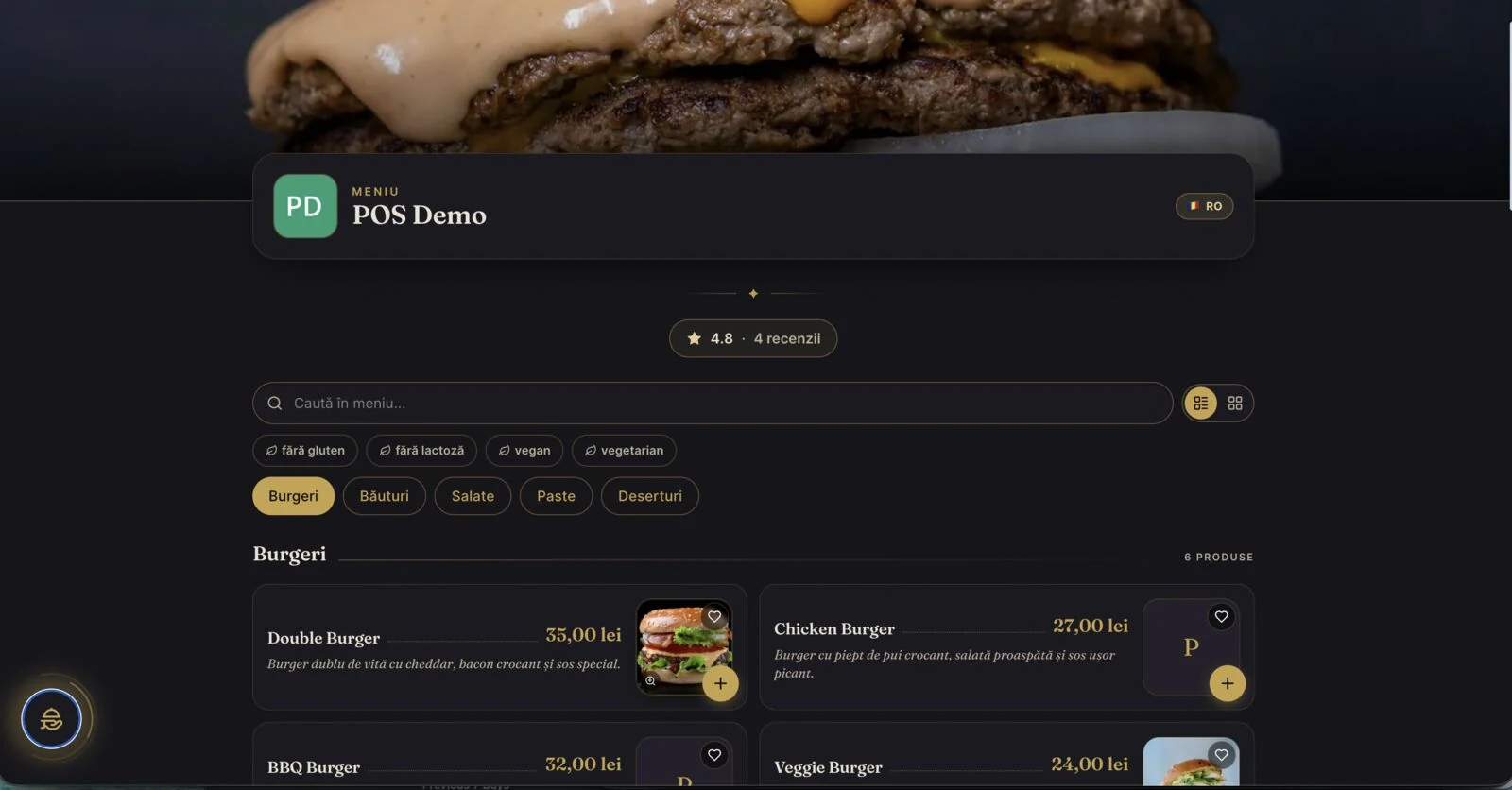 QR menu in dark luxe theme with serif type and gold accents