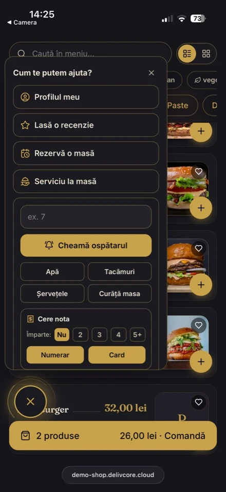 Guest actions panel on a phone: call the waiter, ask for water, cutlery or napkins, request the bill