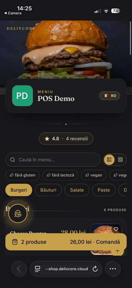 QR menu opened on a phone: cover photo, property name, rating, search, dietary filters and categories