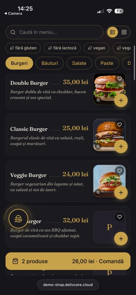 QR menu list view on a phone: dishes with photos, descriptions, prices and an add button