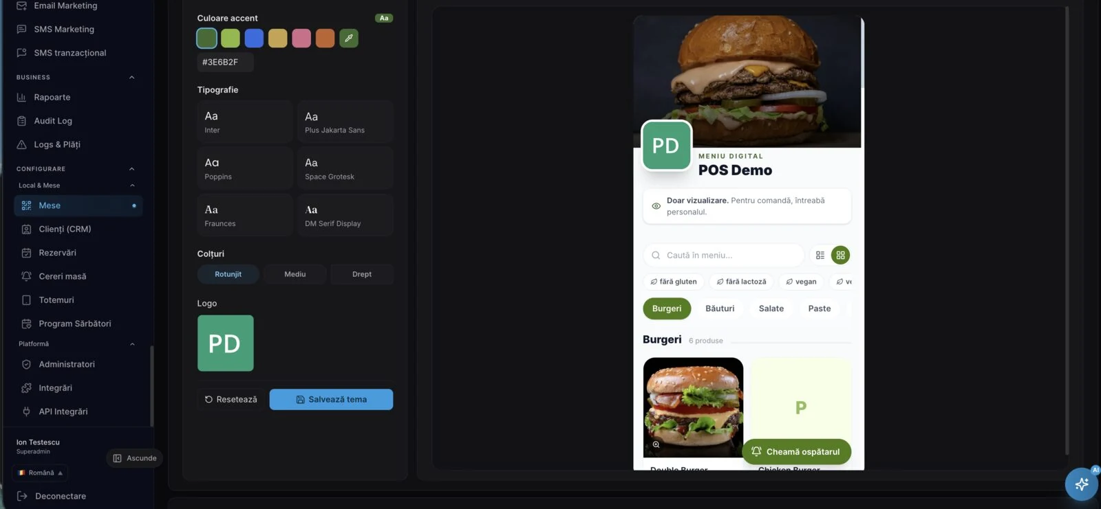 The QR menu theme editor in the DelivCore admin: accent colors, typography, corners and logo, with a live phone preview