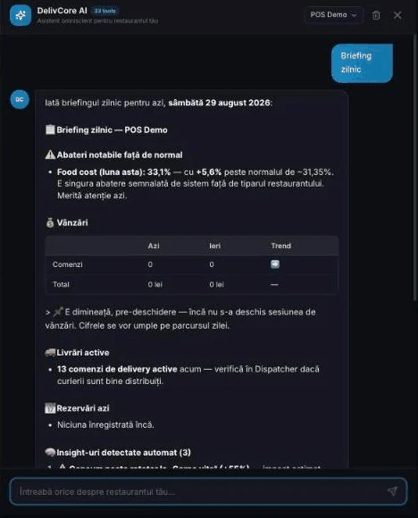 DelivCore AI inside the admin: the daily briefing on the demo restaurant, with food cost deviations, active deliveries and insights