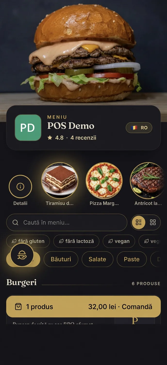 Live white-label restaurant menu — POS Demo, dark theme