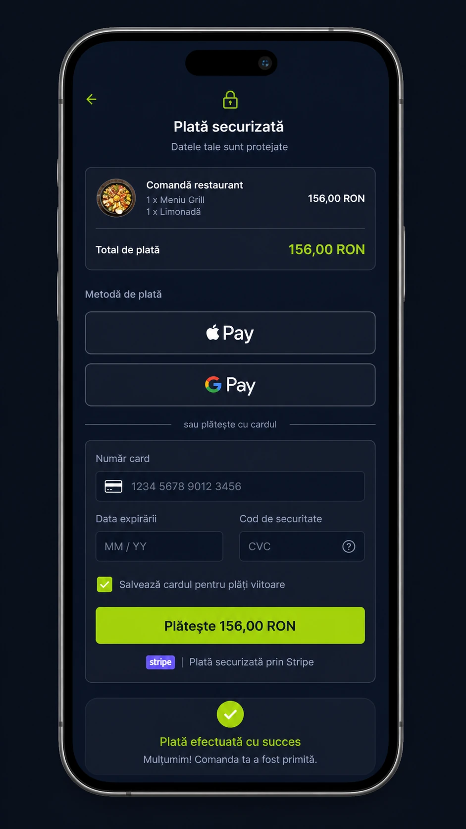 Checkout mobil DelivCore cu Apple Pay, Google Pay și plată securizată prin Stripe